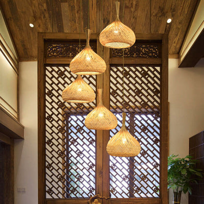 Moderne birnenförmige 1-Licht-Pendelleuchte aus Bambusgeflecht 