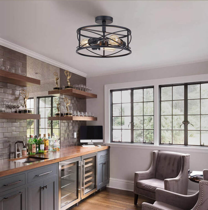 Industrial Wrought Iron 3-Light Cylindrical  Semi-Flush Mount Lighting