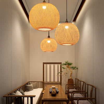 Lámpara colgante japonesa de 1 luz beige con bola redonda de tejido de bambú 