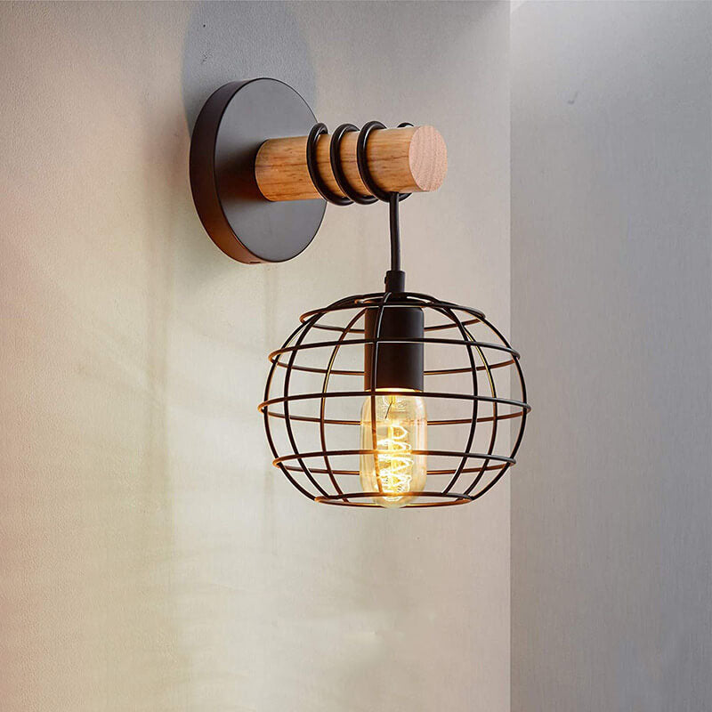 Vintage Wrought Iron Black Round Iron Shade 1-Light Wall Sconce Lamp