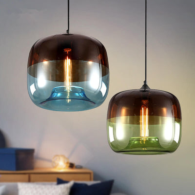 Retro Buntes Glas 1-Licht Drum Pendelleuchte 