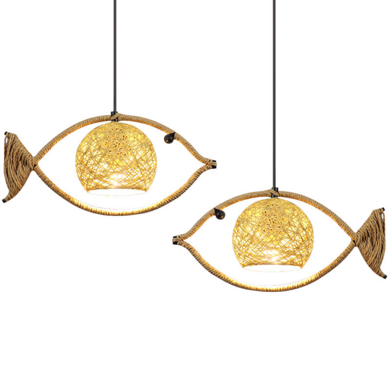 Creative Hemp Rope Willow Weaving Fish Shape 1-Light LED Pendant Light