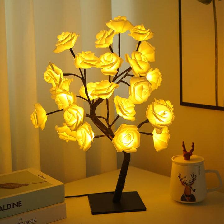 Lámpara de mesa de decoración USB cálida blanca LED PVC árbol de rosas de simulación de luz de 24 