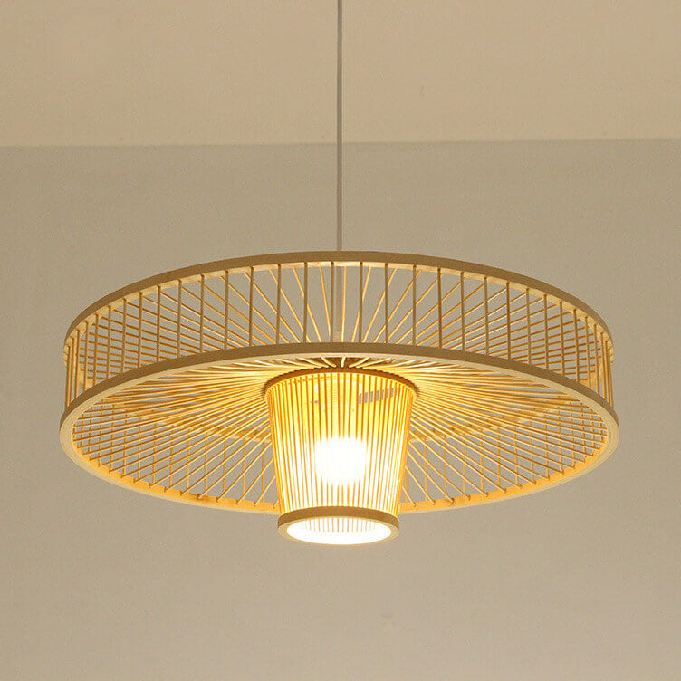 Lámpara colgante de bambú moderno con pantalla de tambor de 1 luz 