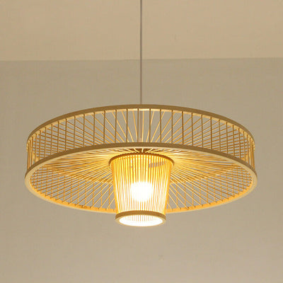 Moderne Bambusweberei 1-Licht Drum Saucer Pendelleuchte 