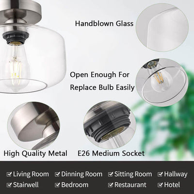 Clear Glass 1-Light Dome Semi-Flush Mount Lighting