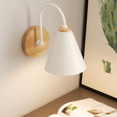 Modern Minimalist Cone Shade Wooden Base 1-Light Wall Sconce Lamp