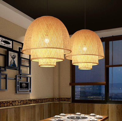 Rattan Weaving Three Layers Bowl Shape 1-Light Pendant Light