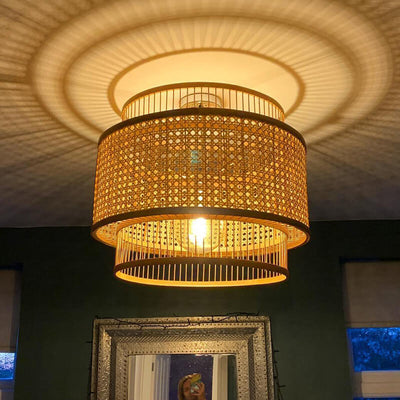 Bambuswebzylinder im japanischen Stil Metallkäfig 1-Licht-Pendelleuchte 