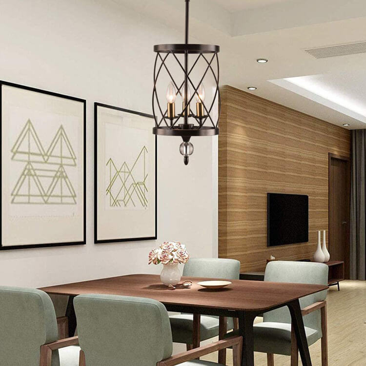 Retro Wrought Iron 3-Light Openwork Column Chandeliers