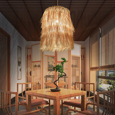 Rattan Weaving 1-Light Cylinder Tassels Pendant Light