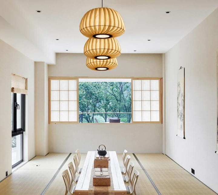 Moderne Holz Kürbis Schirm 1-Licht Beige Pendelleuchte 