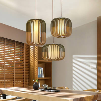 Modern Wooden Cage 1-Light Drum Pendant Light