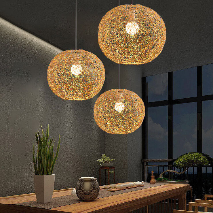 Rattan Weaving Beige Globe Shade 1-Light Pendant Light