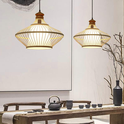 Modern Beige Bamboo Weaving Saucer 1-Light Pendant Light