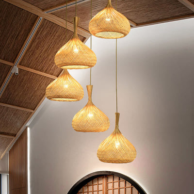 Moderne birnenförmige 1-Licht-Pendelleuchte aus Bambusgeflecht 