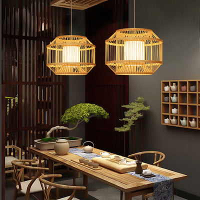 Moderne Bambusweberei Runde Laterne im chinesischen Stil 1-Licht-Pendelleuchte 
