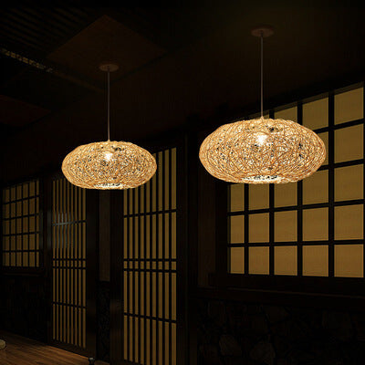 Japanese Rattan Weaving 1-Light Round Drum Pendant Light