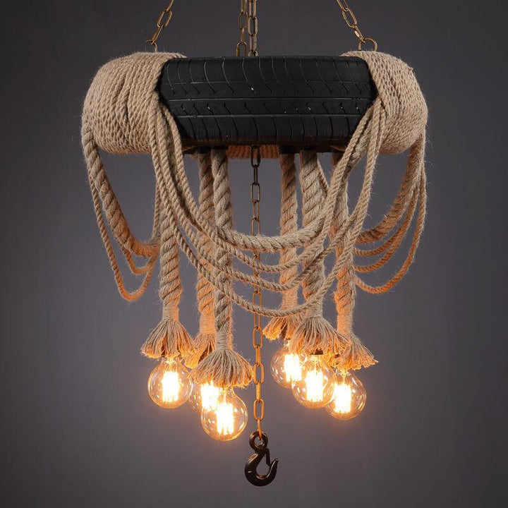 Vintage Industrial Hanfseil Schwarz Reifen 6-Licht Kronleuchter 