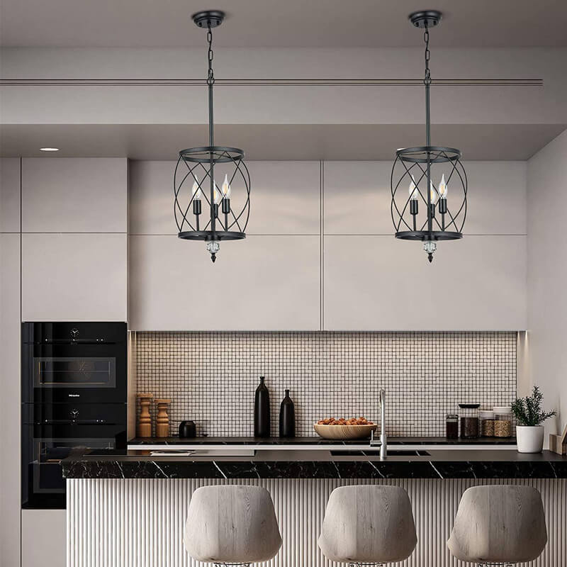 Retro Wrought Iron 3-Light Openwork Column Chandeliers