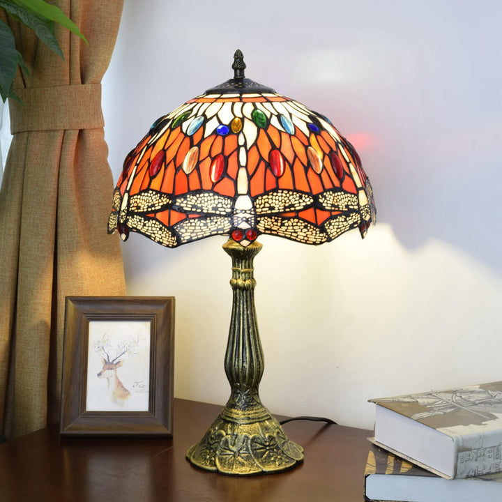Lampe de Table Vintage Tiffany Libellule Rouge en Verre Teinté à 1 Lumière 