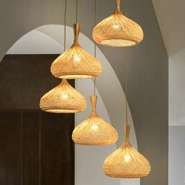 Modern Bamboo Weaving Pear Shaped 1-Light Pendant Light