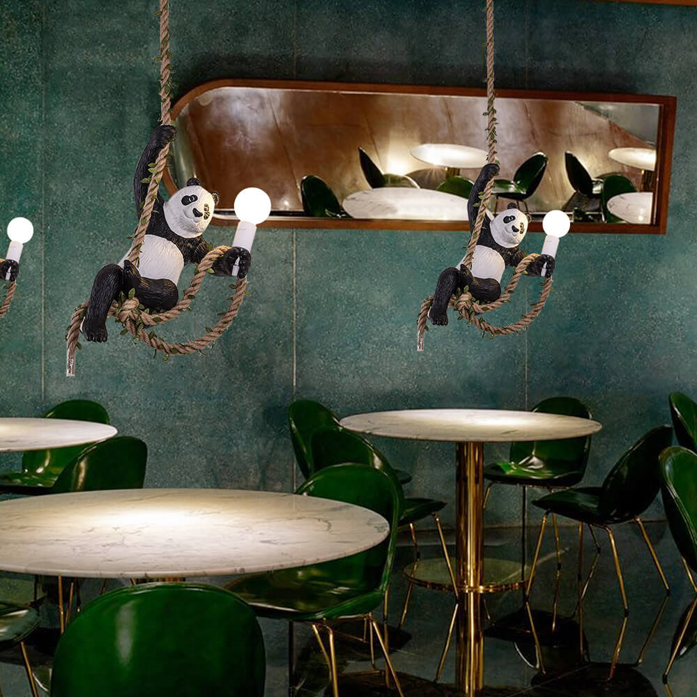 Lámpara colgante de resina creativa Panda con cuerda de cáñamo de 1 luz 