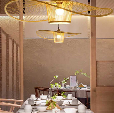 Japanese Element Bamboo Weaving Fisherman's Hat 1-Light Pendant Light