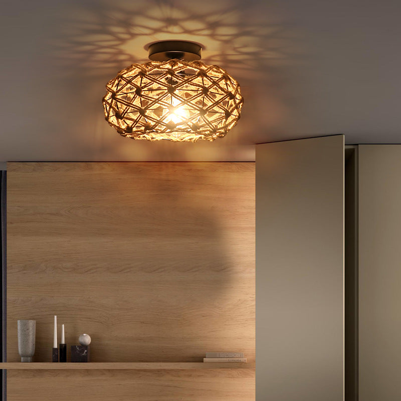 Traditionelle rustikale Hanfseil-Weberei Eisenkäfig 1-Licht Semi-Flush Mount Deckenleuchte für Schlafzimmer 