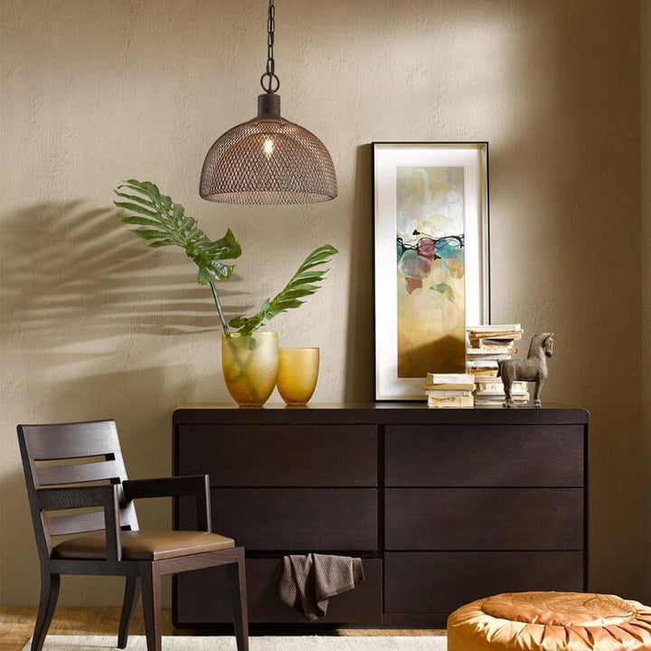 Lámpara colgante contemporánea industrial de hierro forjado con herrajes, media pantalla redonda envejecida, 1 luz, para sala de estar 