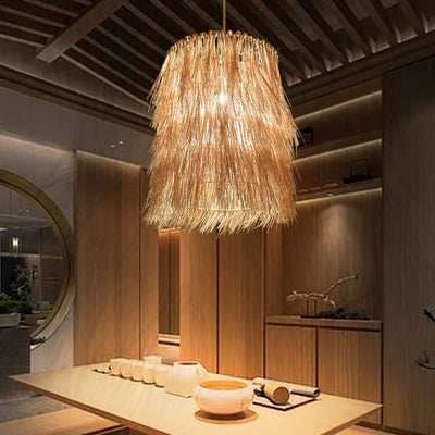 Rattan Weaving 1-Light Cylinder Tassels Pendant Light