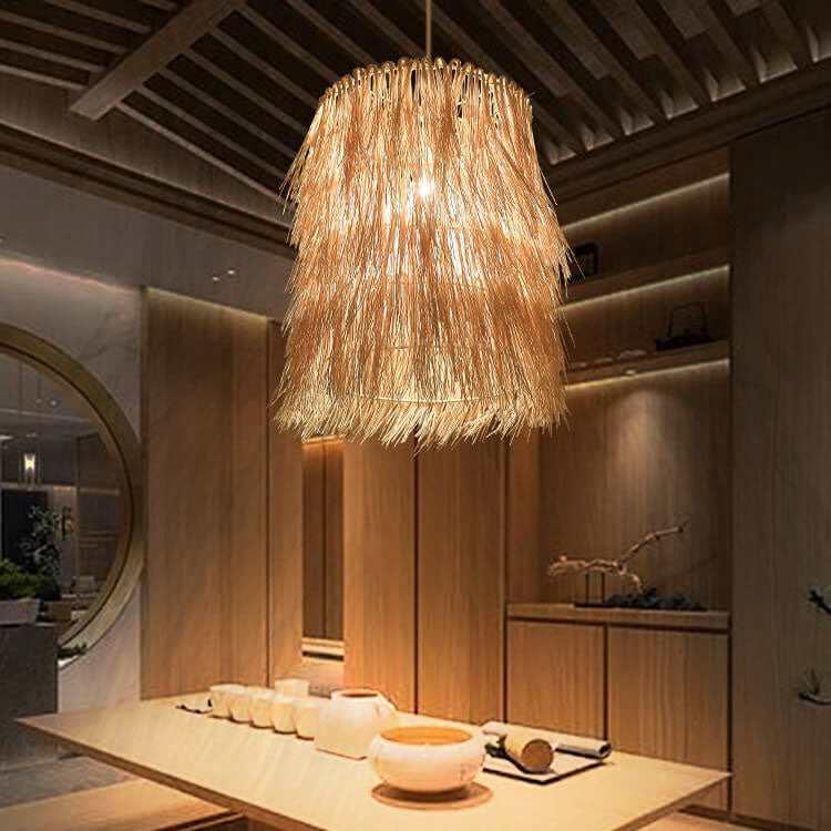 Rattan Weaving 1-Light Cylinder Tassels Pendant Light