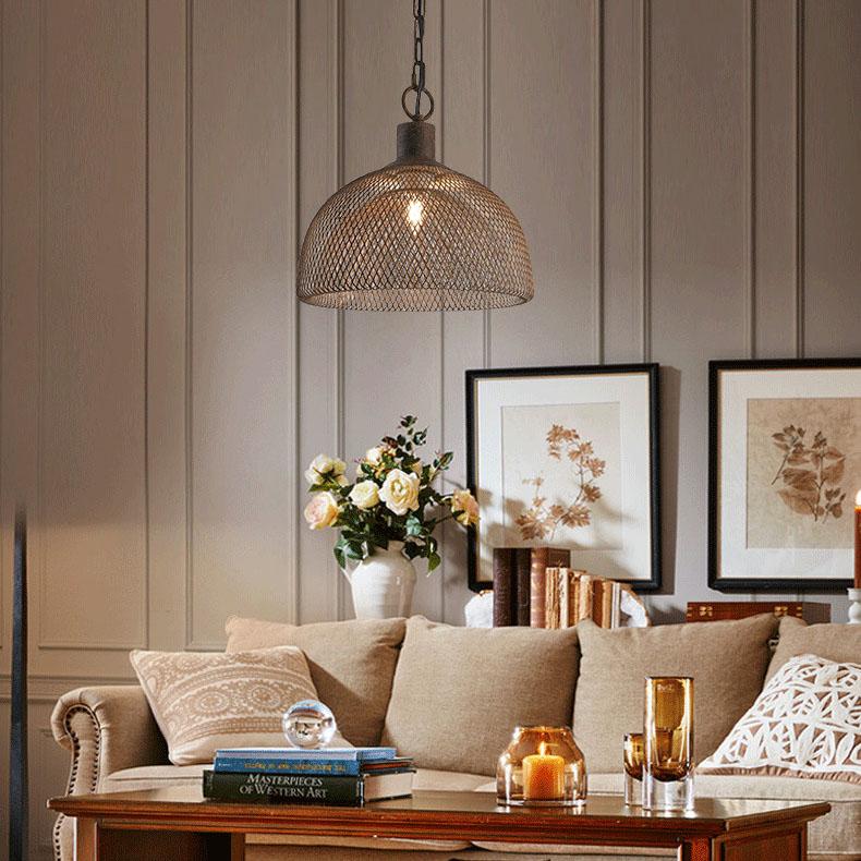 Lámpara colgante contemporánea industrial de hierro forjado con herrajes, media pantalla redonda envejecida, 1 luz, para sala de estar 