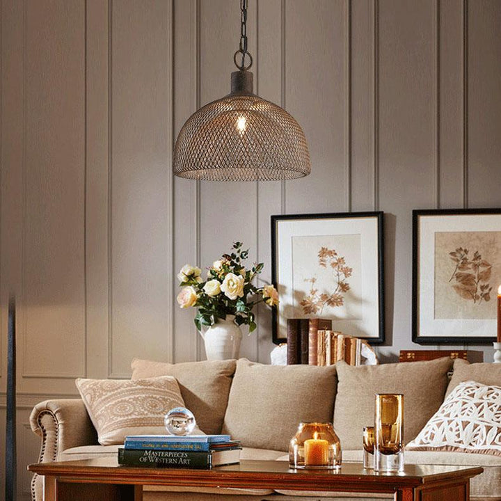 Lámpara colgante contemporánea industrial de hierro forjado con herrajes, media pantalla redonda envejecida, 1 luz, para sala de estar 