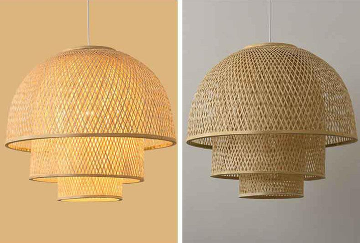Lámpara colgante de 1 luz con forma de cuenco de tres capas de tejido de ratán 