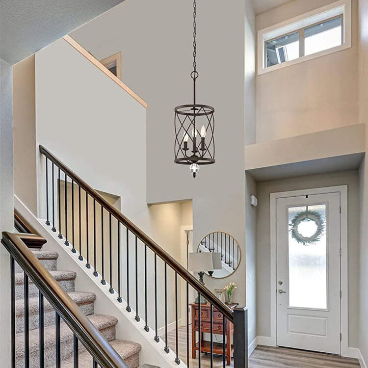 Retro Wrought Iron 3-Light Openwork Column Chandeliers