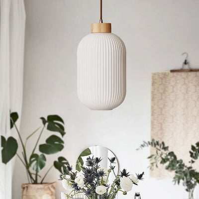 Retro White Striped Glass Jar 1-Light Japanese Pendant Light