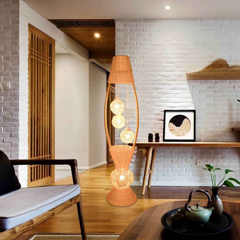 Modern Rattan Fish Shaped  4-Light with Inner Ball Shade Standing Floor Lamps