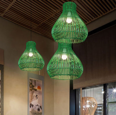 Modern Rattan Weaving Green Teardrop Shade 1-Light Pendant Light