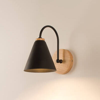 Modern Minimalist Cone Shade Wooden Base 1-Light Wall Sconce Lamp