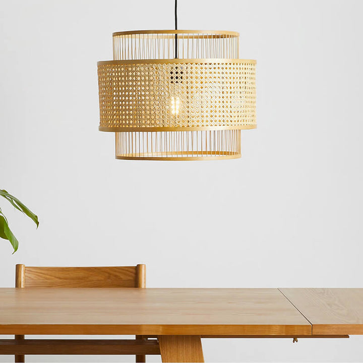 Cilindro de Tejido de Bambú de Estilo Japonés Jaula de Metal Lámpara Colgante de 1 Luz 