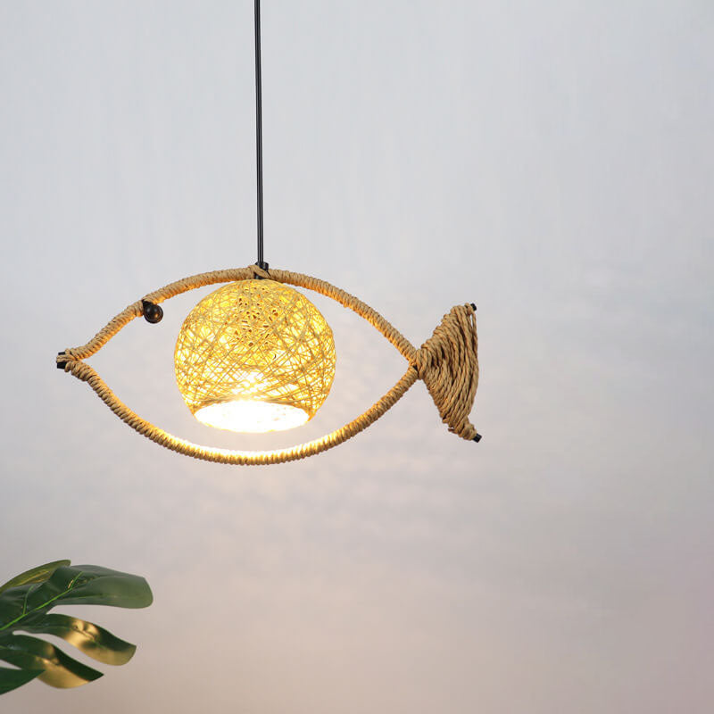 Creative Hemp Rope Willow Weaving Fish Shape 1-Light LED Pendant Light