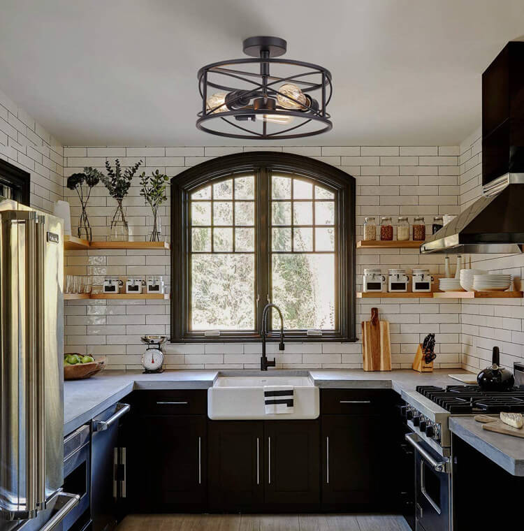Industrielle Schmiedeeisen 3-Licht Zylindrische Semi-Flush-Mount Beleuchtung 