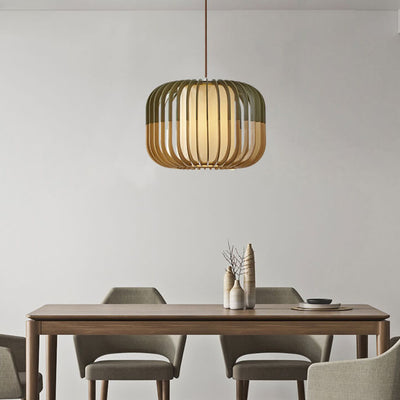 Modern Wooden Cage 1-Light Drum Pendant Light