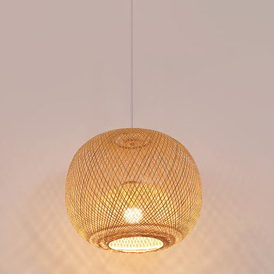Lámpara colgante japonesa de 1 luz beige con bola redonda de tejido de bambú 