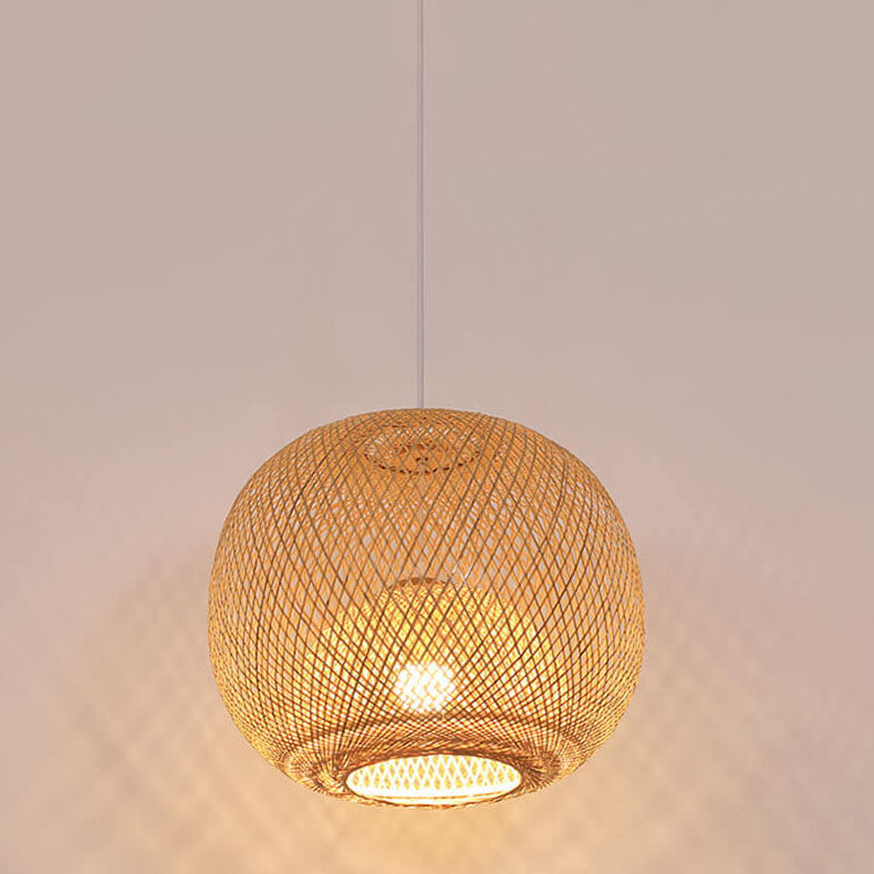 Lámpara colgante japonesa de 1 luz beige con bola redonda de tejido de bambú 