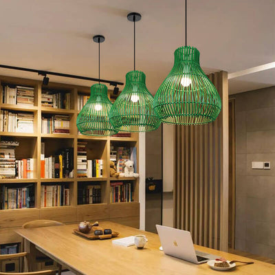 Modern Rattan Weaving Green Teardrop Shade 1-Light Pendant Light