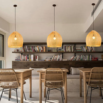 Modern Rattan 1-Light Dome Pendant Light