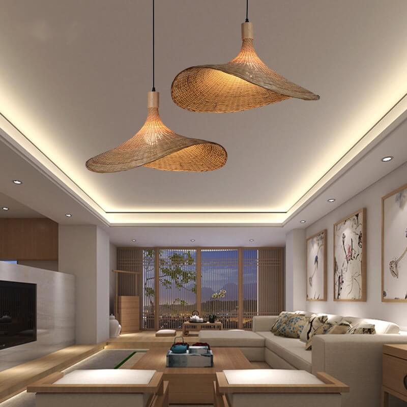 Lustre suspendu chapeau de paille 1 lumière en bambou tissé 