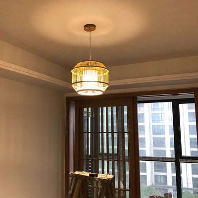 Modern Bamboo Weaving Round Chinese Style Lantern 1-Light Pendant Light